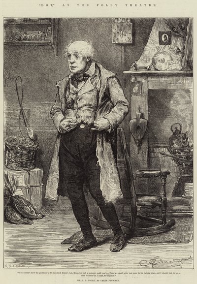 Dot, in het Folly Theatre, Mr J L Toole, als Caleb Plummer door Frederick Barnard